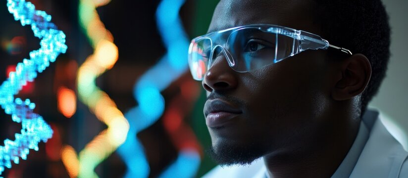 Thoughtful Black Geneticist Examining DNA Hologram in Lab - Science and Innovation - Powered by Adobe