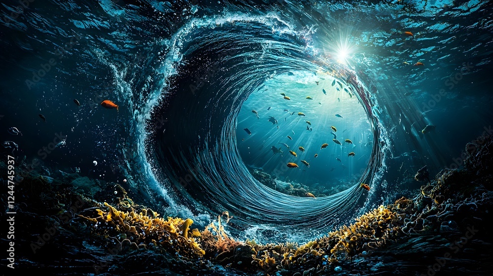 Poster mysterious glowing whirlpool vortex with eerie blue light in the middle of a vast deep ocean swirlin