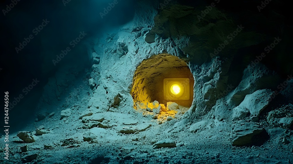 Poster Photograph of a strange and enigmatic glowing rock formation embedded within a dark lunar like cavern or underground cave system  The source of the luminous light emanating from the rock is unclear