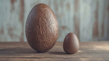 Close-up of one large and one small chocolate Easter egg on a textured wooden table, styled with soft natural lighting.
