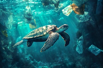 Obraz premium Sea Turtle Swimming Amid Ocean Pollution