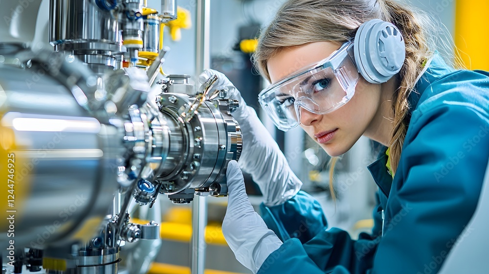 Poster Scientist closely examining and analyzing an unknown floating metal alloy using advanced laboratory equipment and technology in a high tech futuristic research workspace