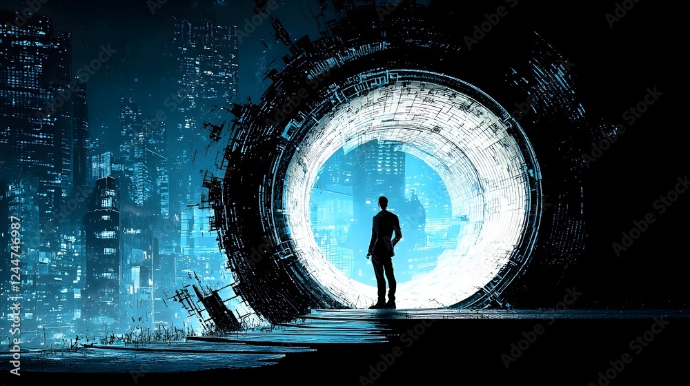 Poster scientist unlocking the secrets of faster than light travel by exploring a futuristic dimensional po
