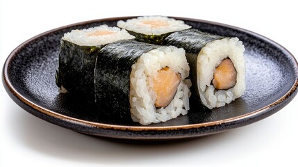 Three Sushi Rolls on Dark Plate, White Background