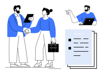 Two business people shaking hands while holding documents and briefcase third person pointing at laptop screen. Ideal for teamwork, business partnerships, remote communication, collaboration, job