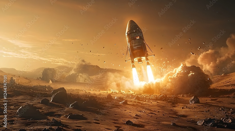 Poster secretive spacecraft silently takes off from the surface of the moon embarking on an undisclosed jou