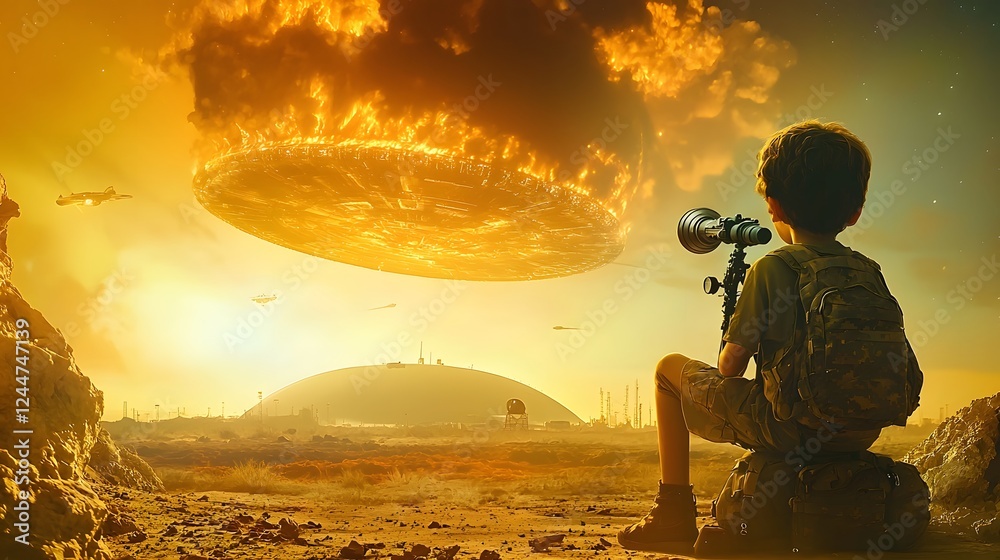 Poster shadowy figure observing a mysterious ufo hovering over a rugged rocky desert landscape at a dramati