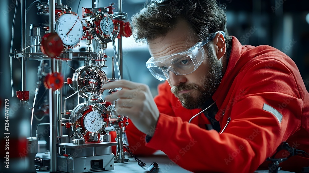 Poster Scientist in Red Uniform Performing Advanced Time Travel Experiment with Scientific Instruments and Glassware in a Highly Equipped Government Laboratory