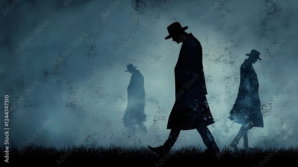 Poster Silhouetted figures emerging from the mist their presence and motives shrouded in mystery as if caught in a quantum anomaly that allows them to exist in multiple places at once
