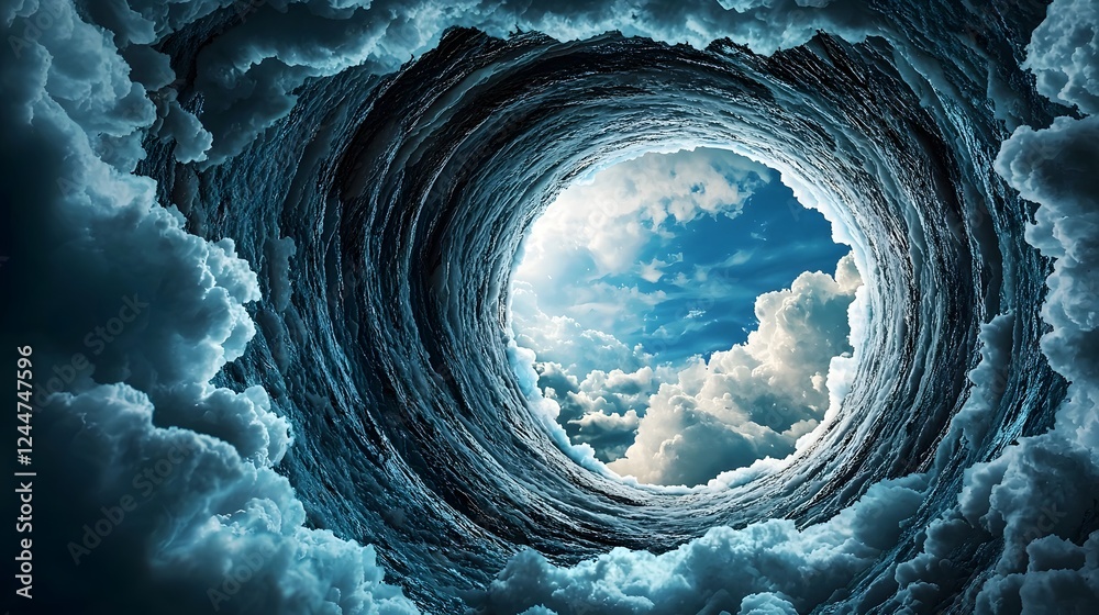 Poster swirling vortex or portal opening in the cloudy sky revealing a glimpse into another mysterious dime