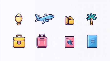 Colorful Icons Representing Travel, Leisure, and Business Themes