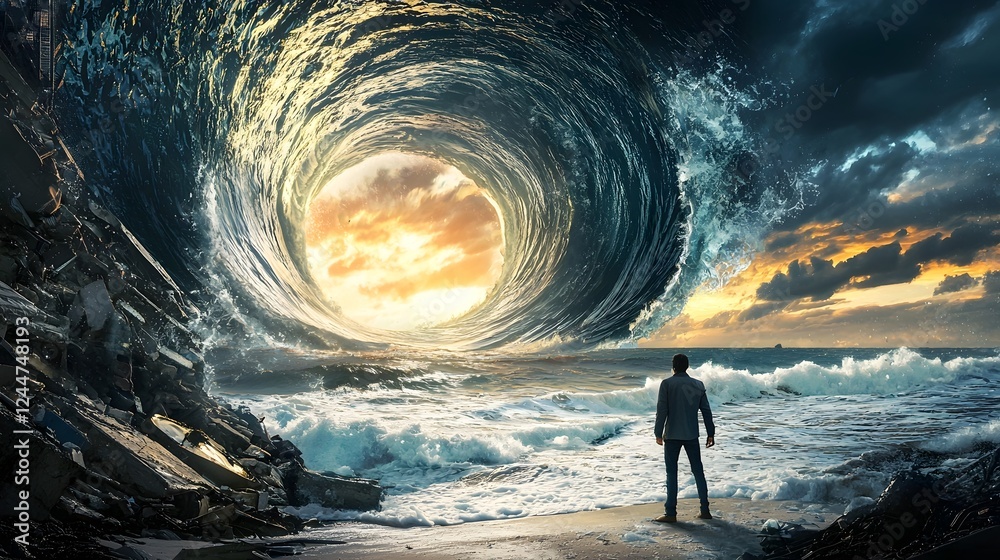 Poster vortex like phenomenon emerging in the stormy sky over crashing ocean waves evoking a sense of myste
