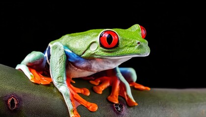 Vividly Colored RedEyed Tree Frog Perched on Tropical Leaves, Showcasing Stunning Bioluminescent Eyes and Basking in the Warmth of a Rainforest Canopy