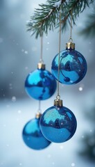 Fototapeta premium Radiant blue glass baubles suspended from a gleaming metal wreath against a snowy white backdrop, christmas wreath, wreath, sparkling