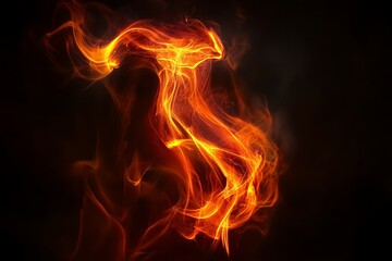 Fototapeta premium A red hot coal nugget is the center of attention on a dark background, enhanced by flames. The background includes raw coals in soft focus, with some color and temperature details omitted