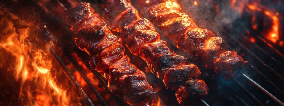 Delicious Grilled Meat Skewers on Flaming Charcoal Grill BBQ Food Photography