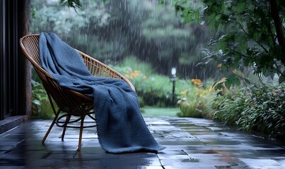 Rainy day, patio chair, blanket, garden, tranquility, relaxing scene, home decor
