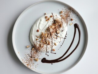Fototapeta premium Elegant Greek yogurt dessert. Chocolate drizzle artfully accents creamy yogurt topped with crushed hazelnuts and cocoa. A sophisticated treat.