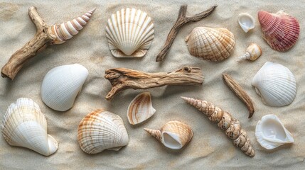 Seashells and Driftwood on Sandy Beach: A Coastal Still Life