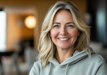 Confident and Radiant Woman: A portrait of a middle-aged woman with blonde hair, radiating confidence and warmth.