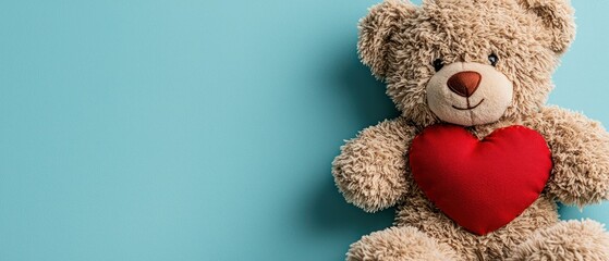 A plush teddy bear with a red heart on a blue background, symbolizing love and comfort.