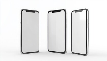 Smartphone Mockup - Three Perspectives:  A clean and modern 3D mockup of a sleek smartphone displayed in three distinct perspectives: front, side, and slightly angled.
