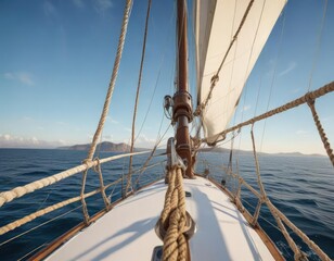 Sails are being attached to the mast of a yacht with ropes and clips , clip, ship