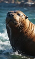 Obraz premium Sea lion's fur getting wet from the ocean after a big splash, wildlife, underwater, marine life