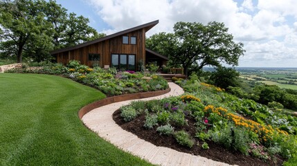Hilltop modern home garden path landscape design