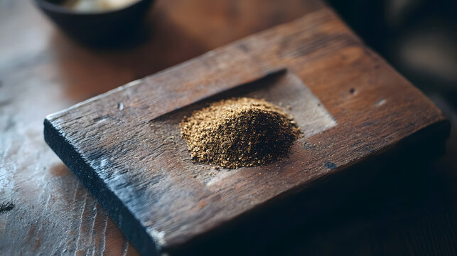 A small mound of ground cumin placed on a rustic wooden board, its deep brown color contrasting with the rough texture of the wood.