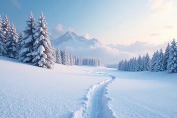 Fototapeta premium Soft snowfall blankets pristine, snow-covered fields , sky, majestic, vast