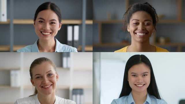Four multiracial women engage in a joyful video call, each showing unique hairstyles and expressions while in their respective professional environments.