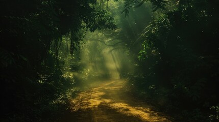 Fototapeta premium A dirt road disappears into a shadowy forest. Sunlight struggles through dense leaves creating a mysterious, somber atmosphere. The path is dimly lit, inviting exploration into the unknown.