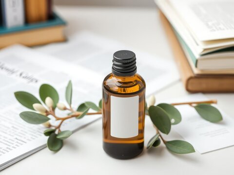 Single eucalyptus oil bottle on a desk with papers and books, natural ingredients, focus enhancer