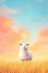 Cute Sheep in Pastoral Landscape with Colorful Sky