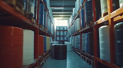 Industrial Warehouse Storage: Rows of Colorful Chemical Barrels