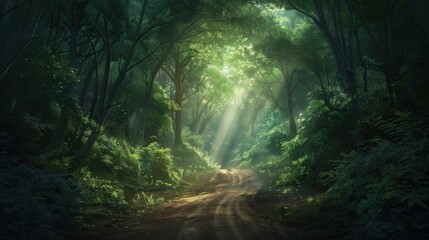 Sun-dappled path winds through a dark forest. Lush green canopy filters light creating a mysterious, somber mood.  A dirt road beckons into the unknown depths.