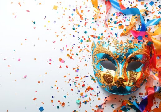 Masquerade Mystery: A captivating masquerade mask, adorned with gold accents, sits amidst a flurry of colorful confetti and ribbons, inviting viewers to unveil the mystery behind its enigmatic beauty.