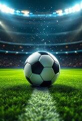 Fototapeta premium Soccer ball on green grass stadium field at night. Professional football arena with bright spotlights. Sports championship match atmosphere with dramatic lighting effects