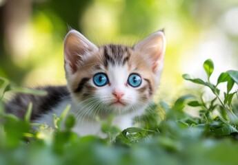 Fototapeta premium Kitten Curiosity: A sweet and innocent kitten with striking blue eyes peeks out from a lush green patch, captivating with its playful charm and irresistible cuteness. 
