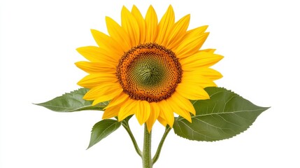 Obraz premium Vibrant Yellow Sunflower With Green Leaves On White Background