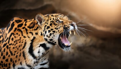 Naklejka premium Powerful Roar of Three Majestic Felines Tiger, Leopard, and Jaguar in Striking Hunt Scene, Captured in Wildlife Photography, Perfect for Digital Art, Home Decor, or Design Inspiration.