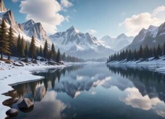 Snow-covered mountains with a serene lake in the background , , peaceful landscape, calming scenery