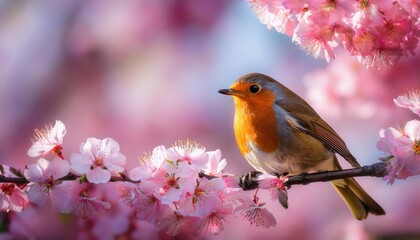 Vibrant Robin Perched Amidst Blossoming Delicate Pink Flowers, Basking in the Warm Sunlight of a Serene Spring Day