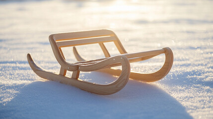 Fototapeta premium Wooden sled positioned on a snowy beach during golden hour, creating a nostalgic and serene winter holiday scene