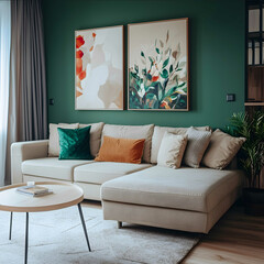 photo of a modern minimalistic flat interior with beige and dark green colors sofa table paintings on the wall cozy room view from a distance