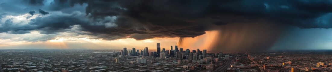 Obraz premium Stormy Cityscape: A dramatic, almost apocalyptic scene of a massive storm cloud unleashing torrential rain over a sprawling cityscape. The contrast between the dark.