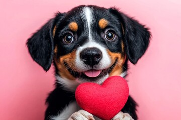 Ad conceptual art graphic concept art. Entlebucher mountain dog - my preferred dog. Cute entlebucher mountain dog canine with domestic animal toy red heart - emblem of love, funny greeting.