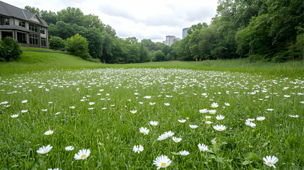 Daisies bloom in suburban park, city skyline view