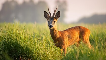 Striking Ro Deer Standing Against a Backdrop of Golden Grass Fields in a Serene Forest Mood, Captured Moment at Dusk.